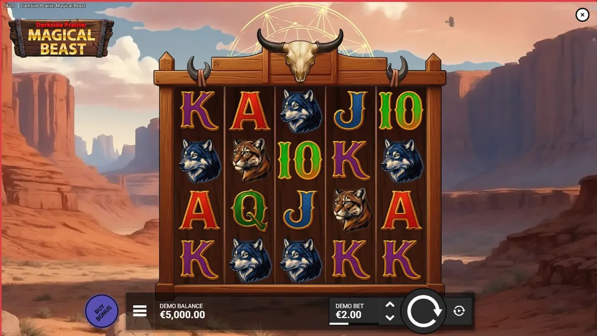 Darkside Prairie: Magical Beasts slot game screen na nagpapakita ng bison at wild frontier theme
